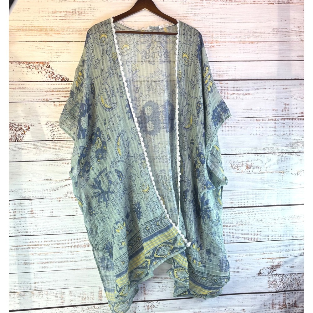 Lucky Brand Kimono Wrap 2X Blue Yellow Floral Paisley Long Duster Boho Aesthetic